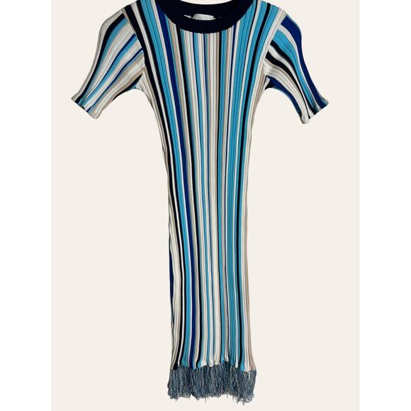 Milly Blue Stripe Ribbed Stretch Knit Fringe Short Sleeve Midi Dress Size Petite - Picture 3 of 9